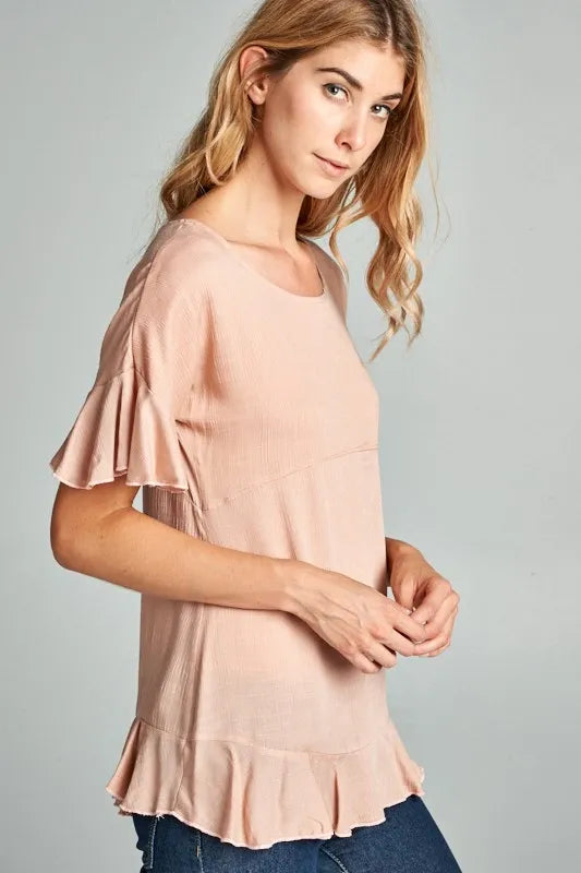 Pink Short Ruffle-Sleeved Rayon Top