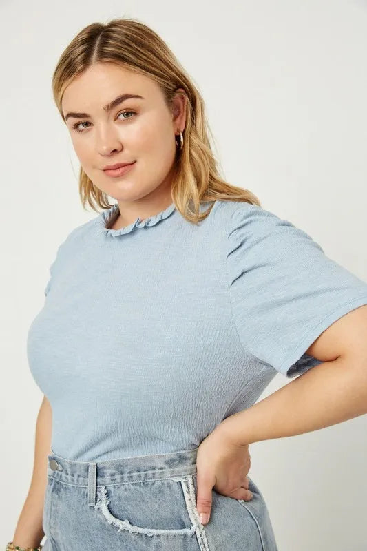 Ruffle High Neck Puff Sleeve Top