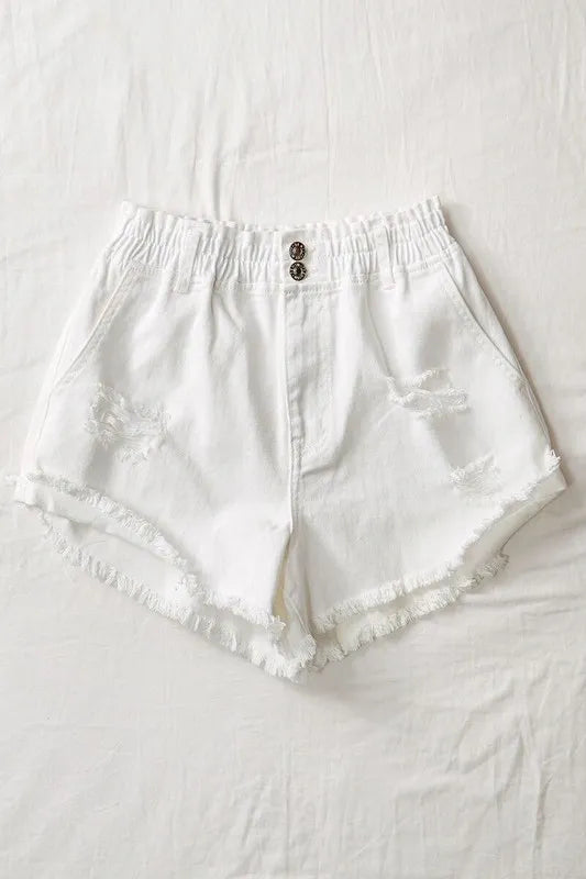 White Distressed Elastic Waist Cut Off Shorts