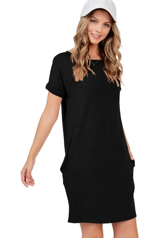 Basic Short Sleeve Round Neck Dress W Pockets - Black