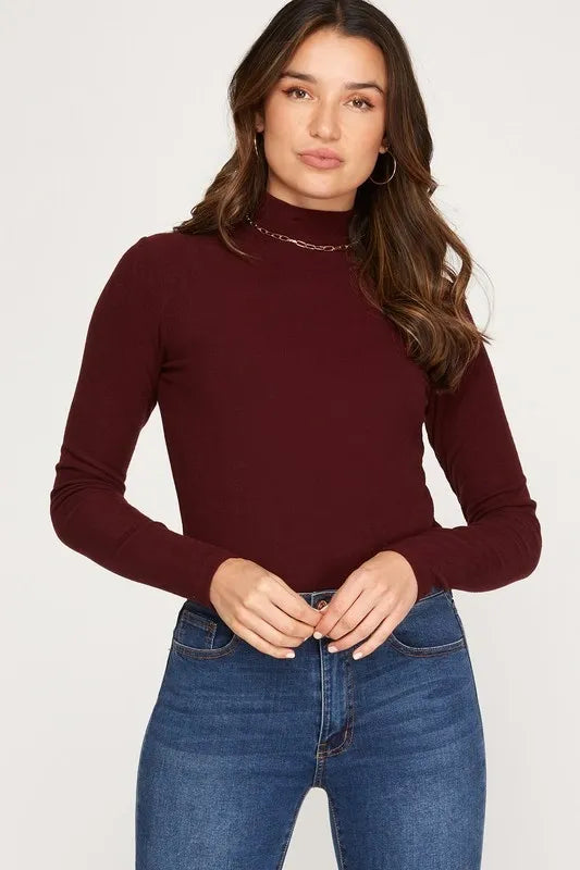 Wine Long Sleeve Mock Neck Brushed Rib Knit Body Suit
